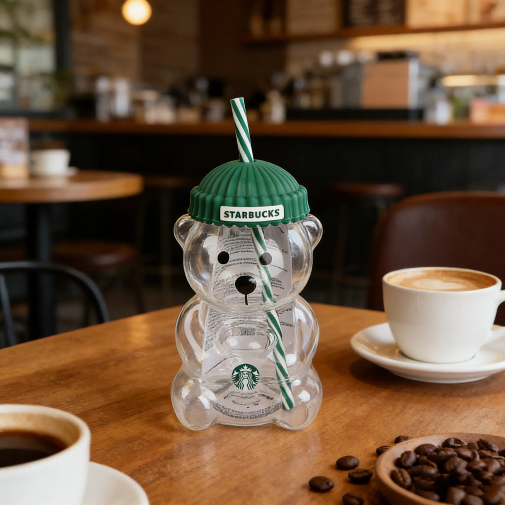 Adorable Starbucks Bearista Bear Glass Tumbler 591ml Green Lid Straw Home Café Gift