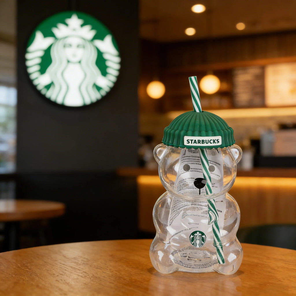 Adorable Starbucks Bearista Bear Glass Tumbler 591ml Green Lid Straw Home Café Gift