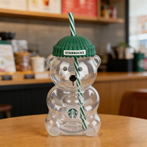 Adorable Starbucks Bearista Bear Glass Tumbler 591ml Green Lid Straw Home Café Gift