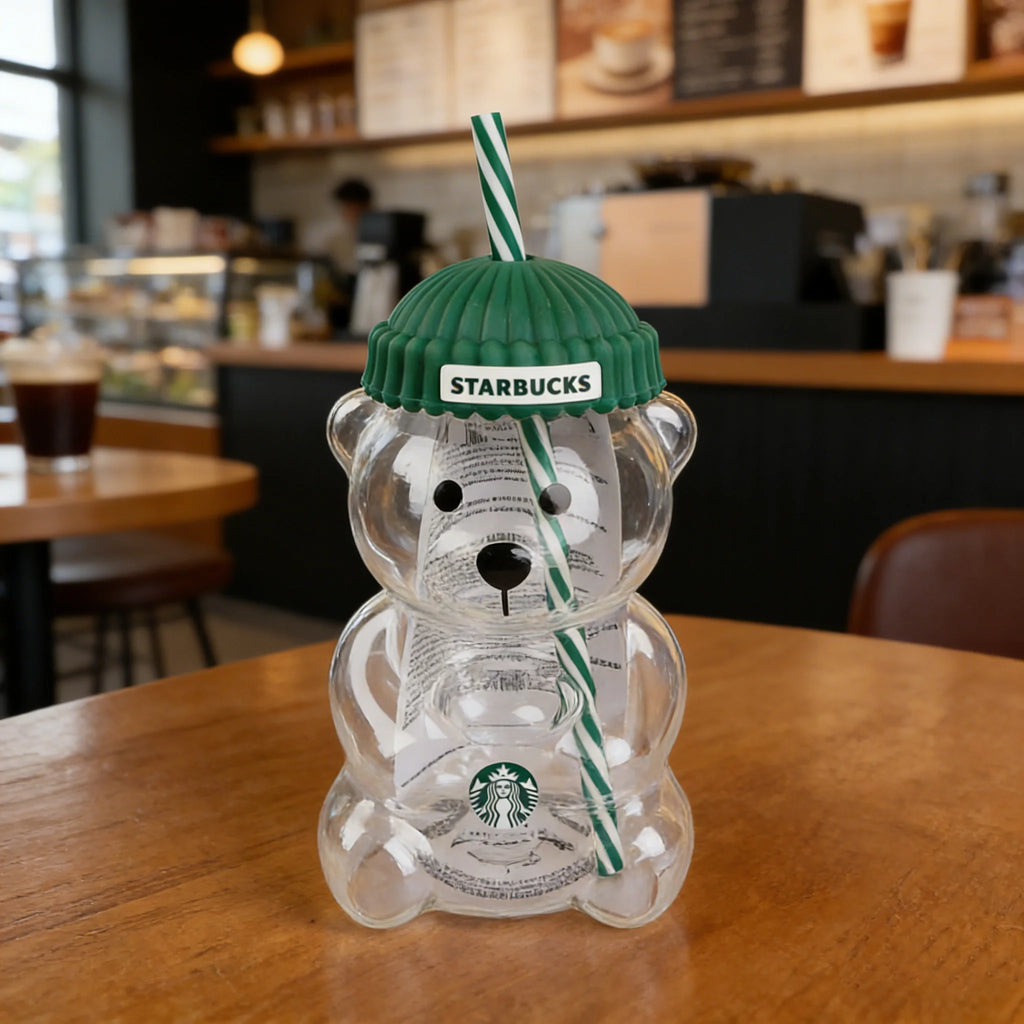 Adorable Starbucks Bearista Bear Glass Tumbler 591ml Green Lid Straw Home Café Gift