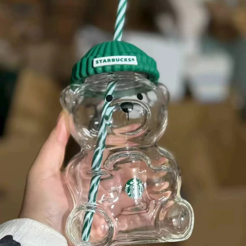 Adorable Starbucks Bearista Bear Glass Tumbler 591ml Green Lid Straw Home Café Gift